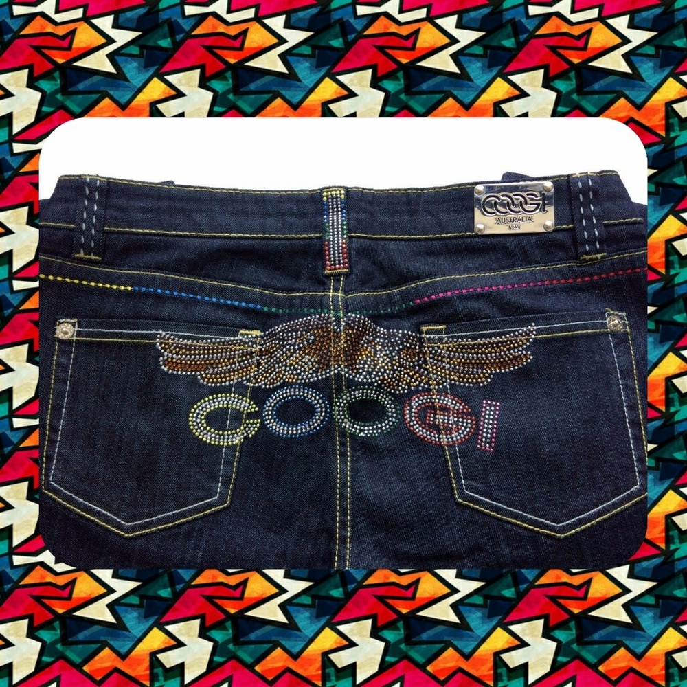 COOGI Dark Blue Straight Leg Jeans with Multicolor Rhinestone Logo